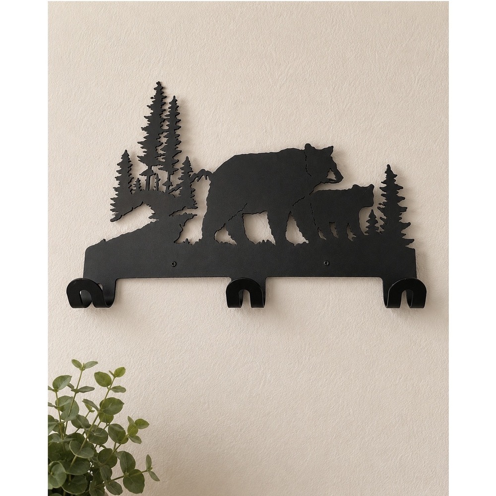 Bear & Cub Metal Wall Hook Rack Laser Cut Brown Rustic Cabin Lodge Decor
